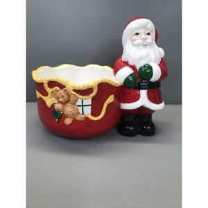 Vintage Lotus Christmas Standing Santa w Serving Bowl Teddy Bear Nut Candy Bowl